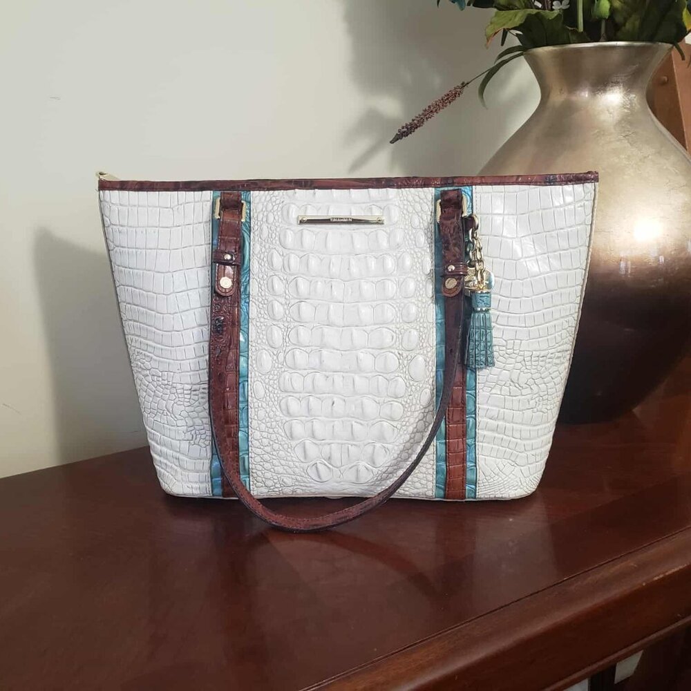Brahmin Melbourne Ivory Pecan Medium Asher Tote Handbag - EUC